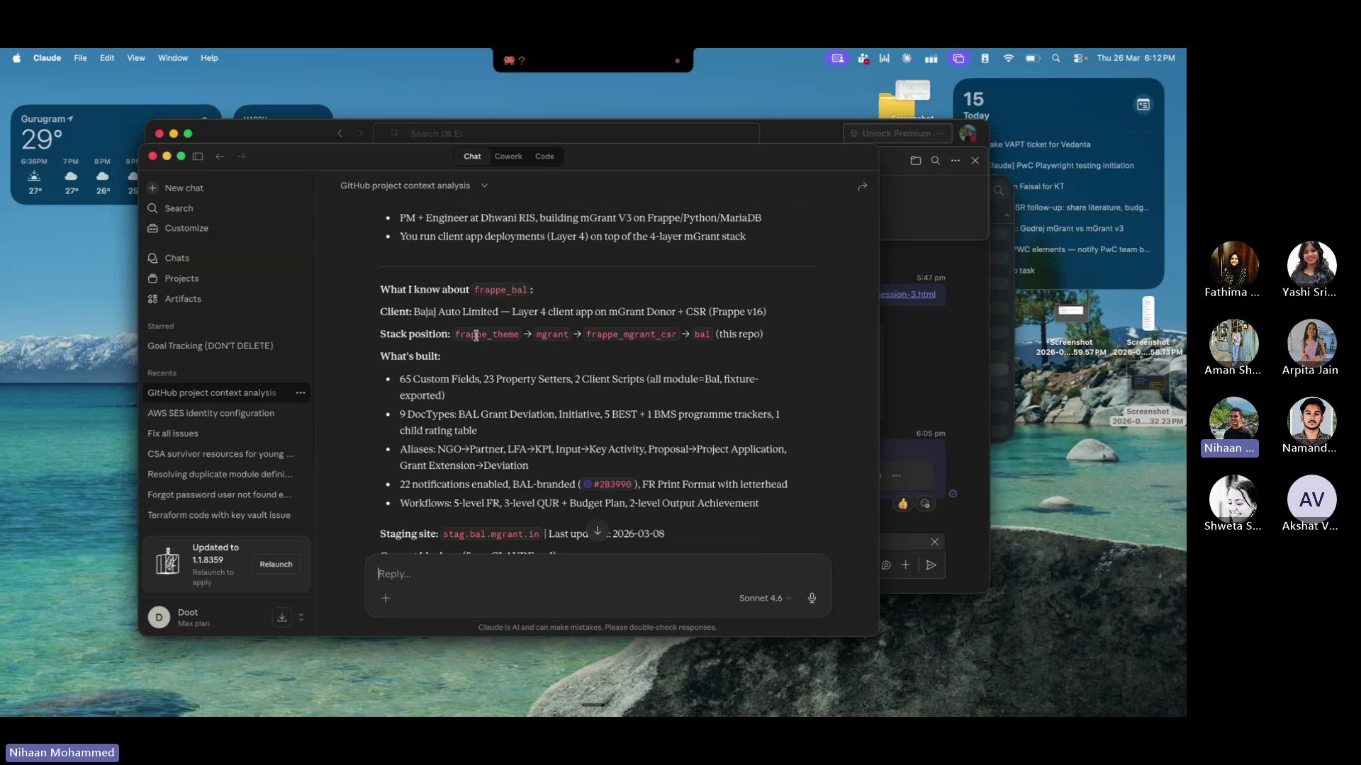 Claude reading project context from GitHub, displaying knowledge of PM role, client Bajaj Auto, 4-layer tech stack, custom DocTypes, staging site, and current blockers