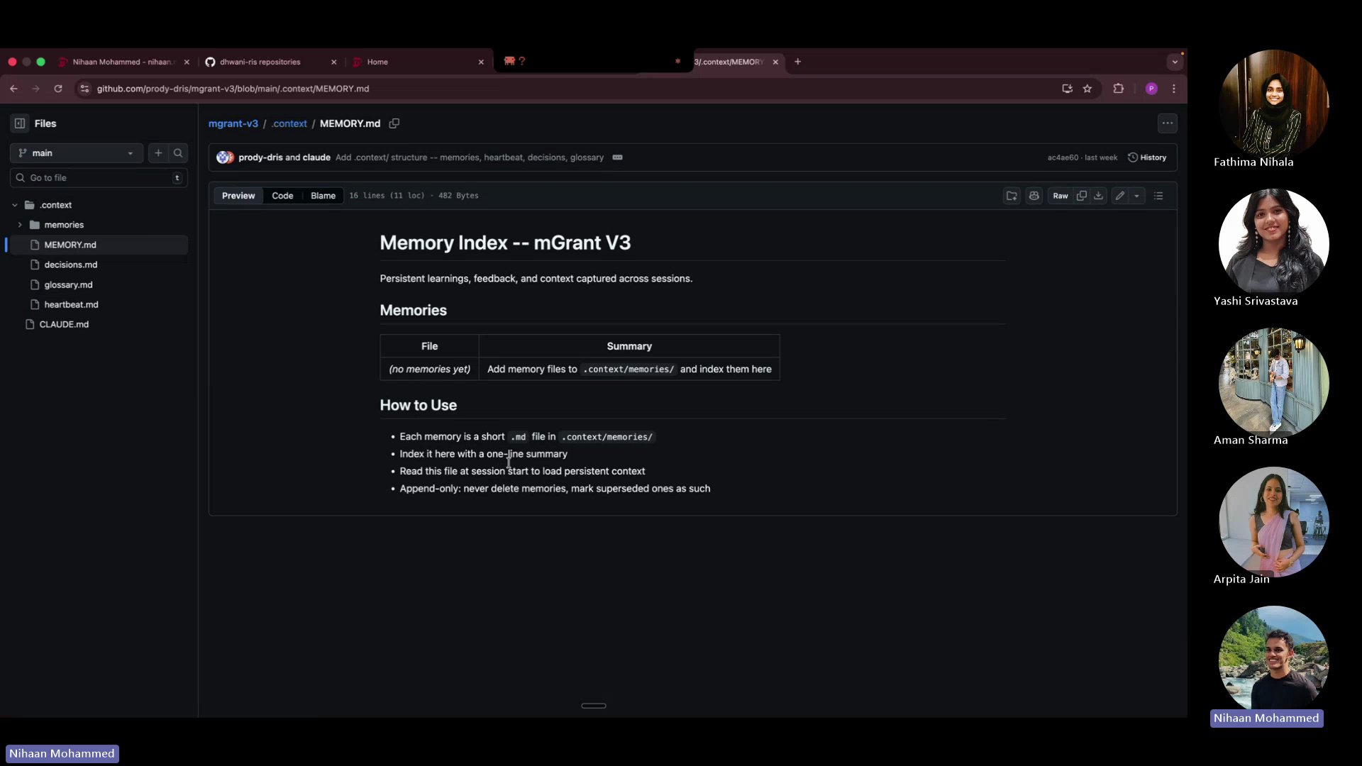 mGrant V3 context folder on GitHub showing MEMORY.md and supporting files