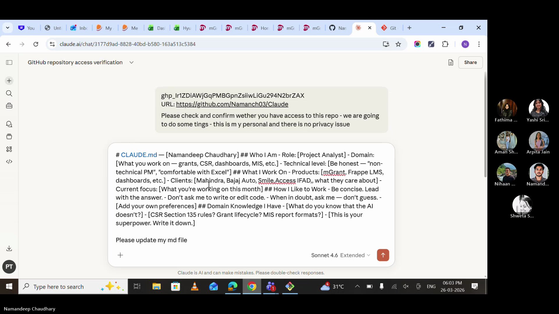 Claude UI with CLAUDE.md template being pasted and committed to a GitHub repository