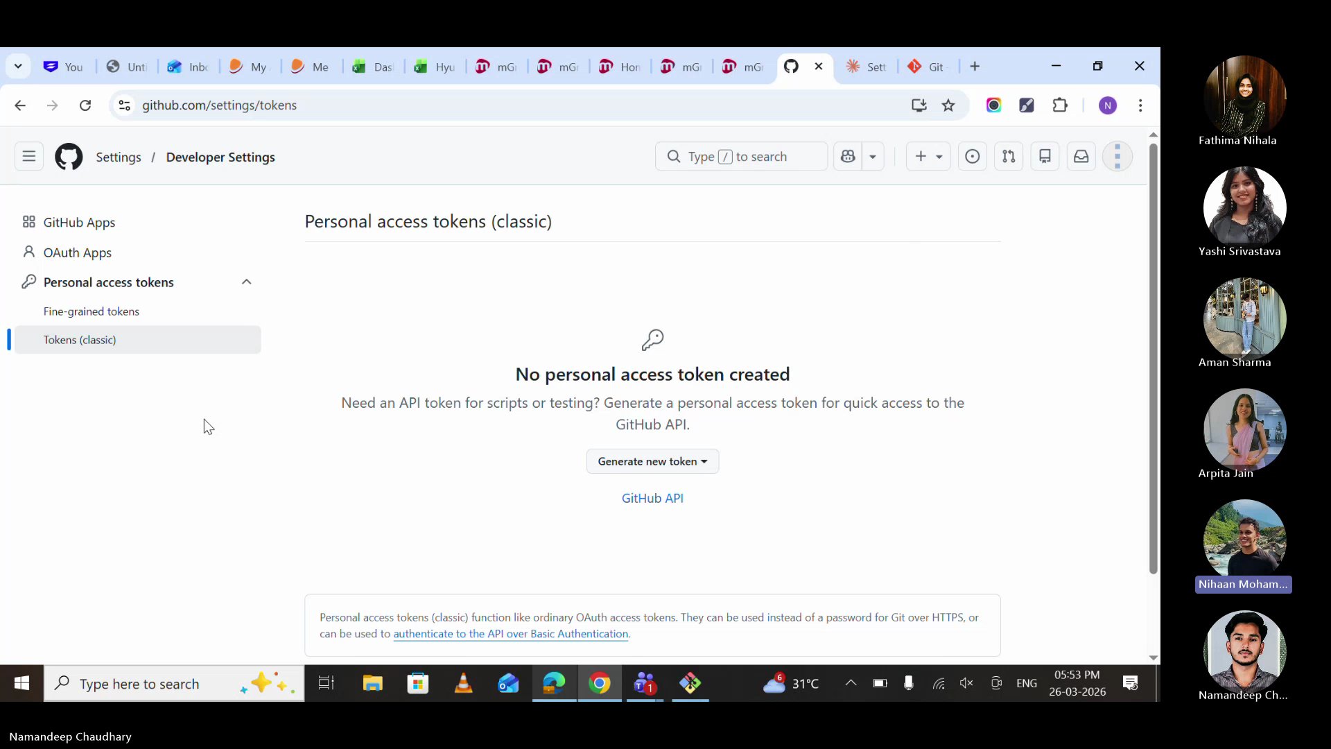 GitHub token generation page showing personal access token creation with repo scope selected