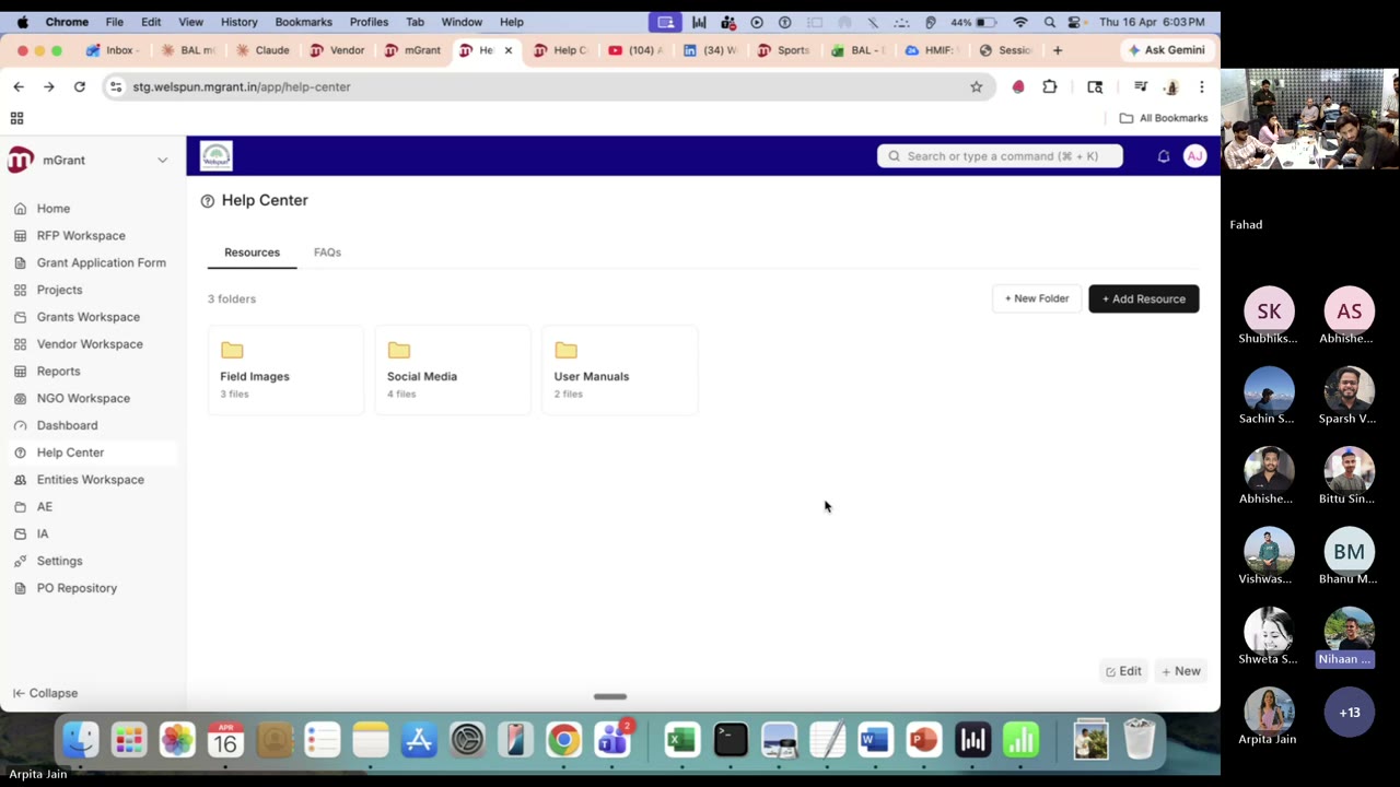 Welspun Help Center — Resources tab with Field Images, Social Media, User Manuals folders