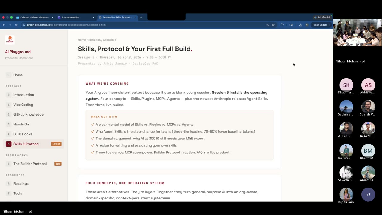 Session 5 opening — the S5 page on screen, 20+ attendees in gallery view