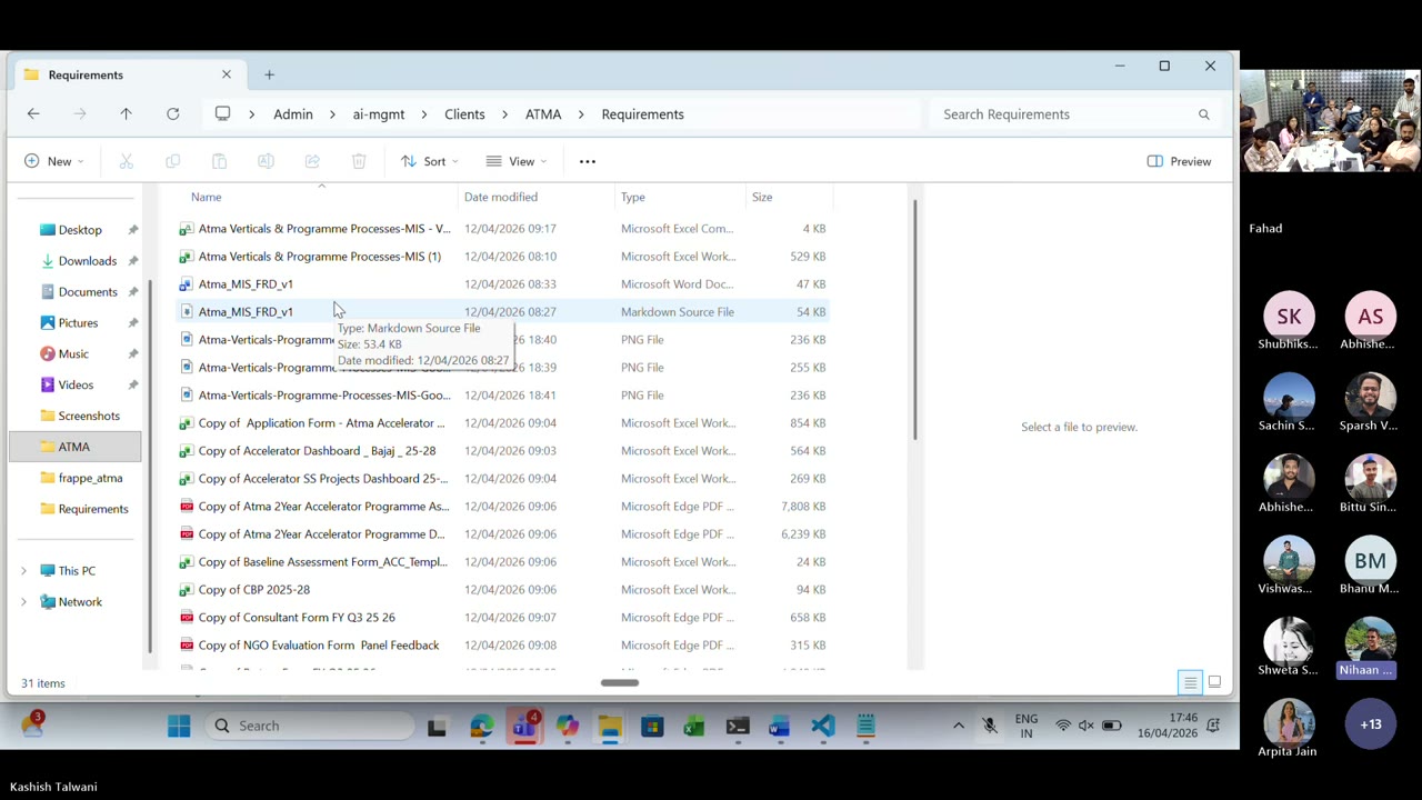 The Requirements folder showing Atma MIS FRD v1, Verticals & Programme Processes, and supporting references