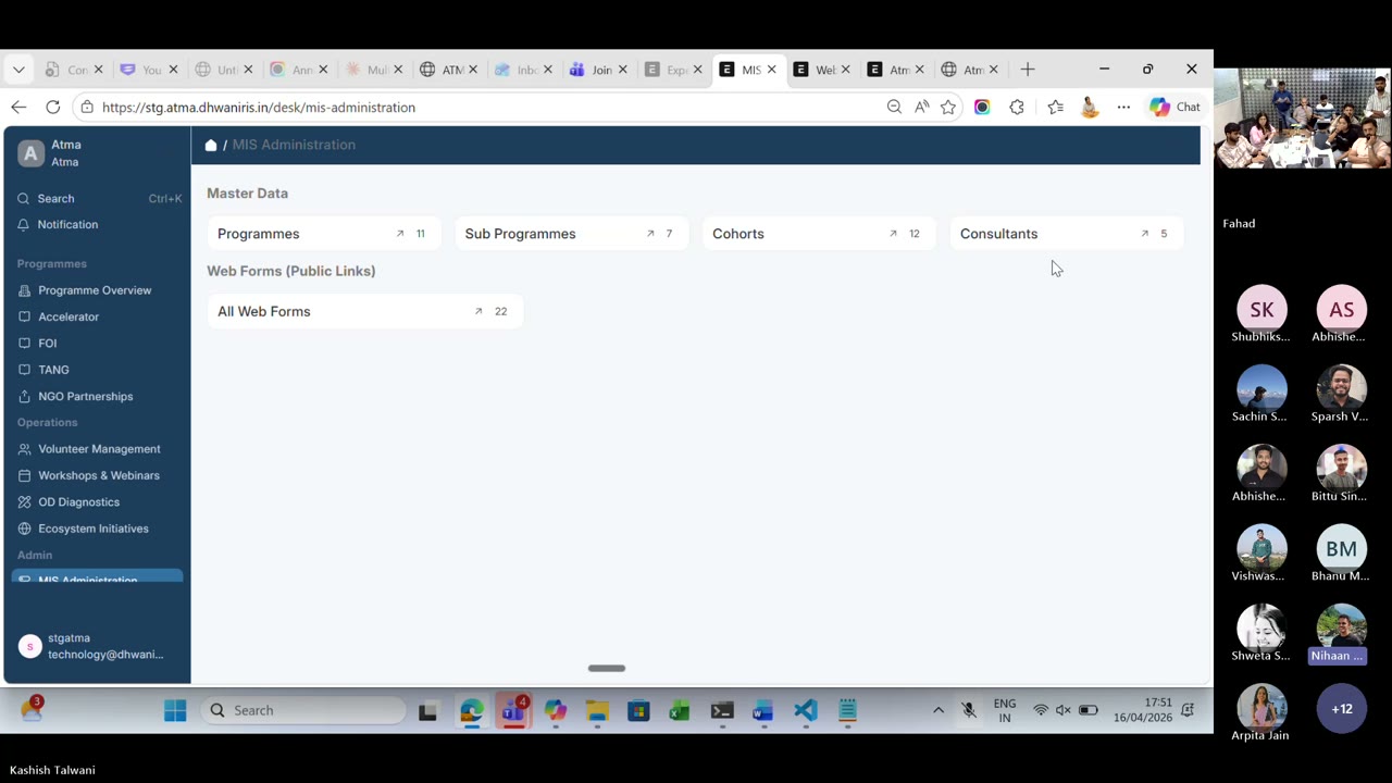 ATMA MIS Administration on stg.atma.dhwaniris.in — Programmes, Sub-Programmes, Cohorts, Consultants, Web Forms