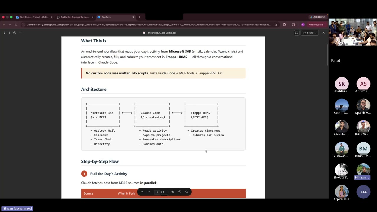 Architecture diagram: Microsoft 365 via MCP, Claude Code as orchestrator, Frappe HRMS via REST API