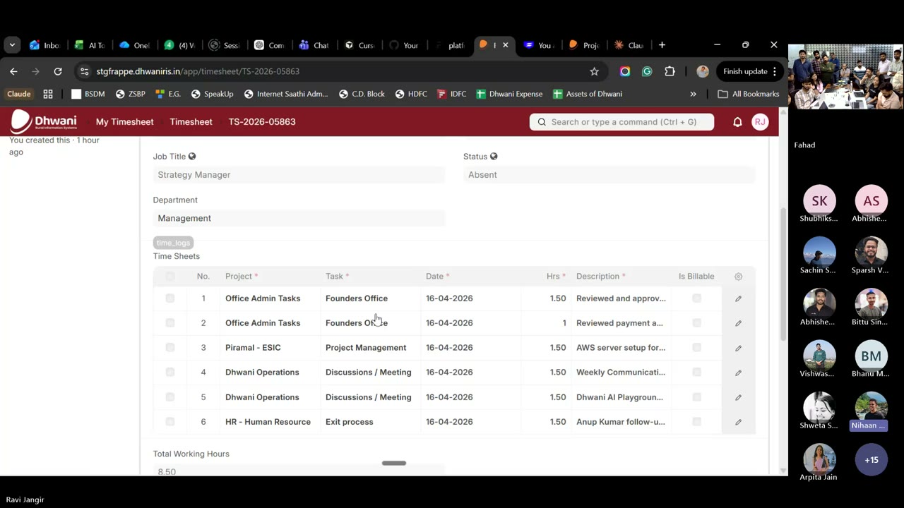 Ravi&rsquo;s auto-filled Frappe HRMS timesheet with 6 line items